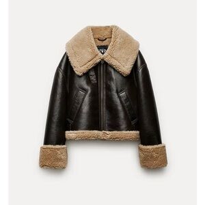 Zara Women's Brown leather aviator Jacket